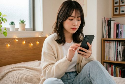 ベッドでスマホを触る若い女性