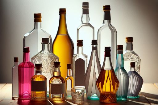 机の上にたくさん置かれているお酒のガラスボトル