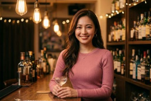 バーカウンターに寄りかかる若い女性