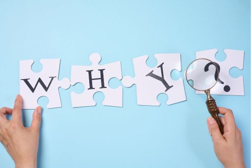 白いパズルにWHY?の文字と虫眼鏡