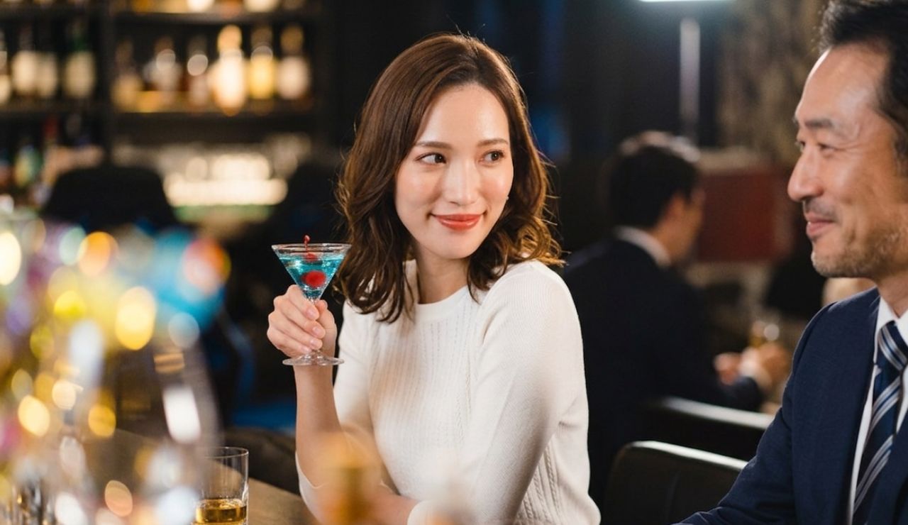カクテルを飲みながら男性の方を向く若い女性