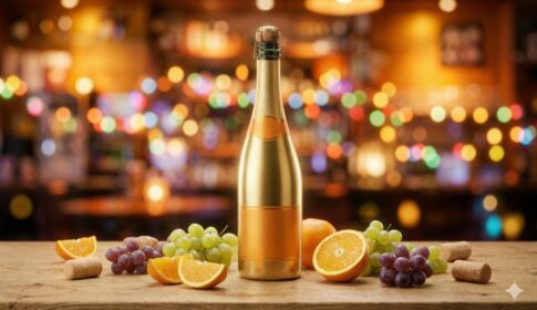 オレンジのシャンパンボトルとブドウ