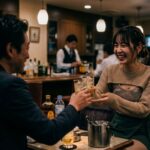 ガールズバーで半個室のVIP席で男性の接客をする若い女の子