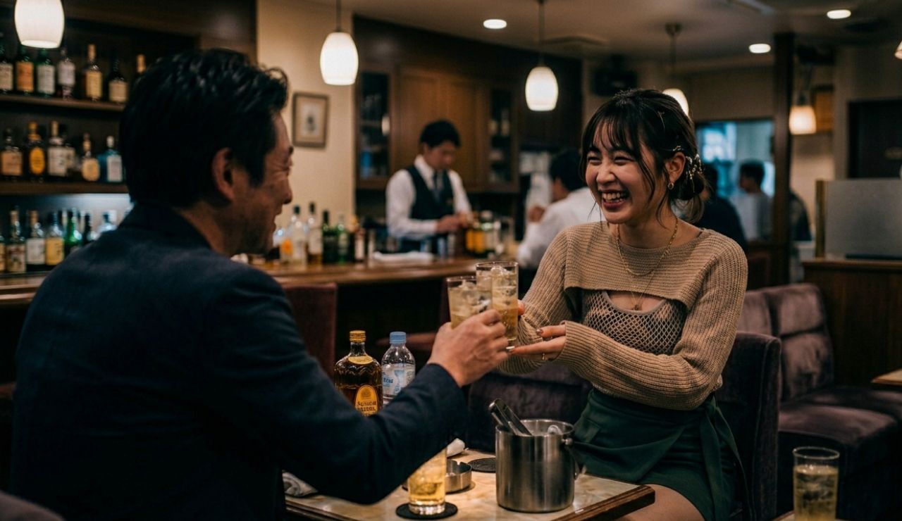 ガールズバーで半個室のVIP席で男性の接客をする若い女の子
